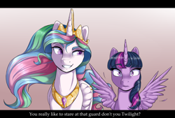 Size: 2186x1480 | Tagged: safe, artist:8bitamy, artist:vicse, imported from derpibooru, princess celestia, twilight sparkle, alicorn, pony, caption, collaboration, female, implied flash sentry, implied flashlight, implied shipping, implied straight, mare, spread wings, subtitles, text, twilight sparkle (alicorn), wingboner, wings