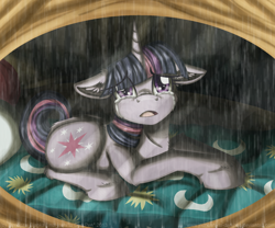 Size: 1800x1500 | Tagged: safe, artist:inuhoshi-to-darkpen, imported from derpibooru, twilight sparkle, pony, unicorn, magical mystery cure, crying, ear fluff, female, floppy ears, golden oaks library, looking at you, mare, my little pony, open mouth, rain, sad, sad pony, solo, teary eyes, unicorn twilight