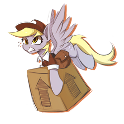 Size: 1024x1024 | Tagged: safe, artist:l8lhh8086, imported from derpibooru, derpy hooves, pegasus, pony, the point of no return, box, carrying, cute, derpabetes, emanata, female, mailmare, mare, my little pony, package, plewds, simple background, solo, sweat, this side up, white background