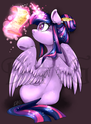 Size: 1200x1630 | Tagged: safe, artist:dragonfoxgirl, imported from derpibooru, twilight sparkle, alicorn, pony, alternate hairstyle, female, glowing, glowing horn, horn, levitation, magic, mare, raised hoof, reading, scroll, simple background, sitting, solo, telekinesis, twilight sparkle (alicorn), watermark