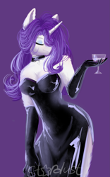 Size: 1441x2302 | Tagged: safe, artist:thenightdarksecret, imported from derpibooru, rarity, anthro, unicorn, bare shoulders, beautiful, black dress, breasts, busty rarity, classy, cleavage, clothes, digital art, dress, elegant, evening dress, evening gloves, eyelashes, eyes closed, female, fluffy, glass, gloves, hair over one eye, horn, jewelry, long dress, long gloves, necklace, open clothes, purple background, side slit, sideboob, signature, simple background, solo, total sideslit