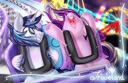 Size: 1024x667 | Tagged: safe, artist:kellythedrawinguni, imported from derpibooru, princess cadance, shining armor, alicorn, pony, unicorn, cute, female, happy, horn, male, mare, roller coaster, shiningcadance, shipping, smiling, stallion, straight, unshorn fetlocks