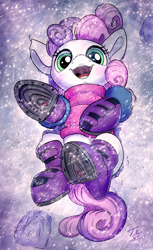 Size: 1200x1961 | Tagged: safe, artist:tsitra360, imported from derpibooru, sweetie belle, pony, unicorn, boots, clothes, cute, daaaaaaaaaaaw, diasweetes, female, filly, foal, horn, looking at you, open mouth, scarf, shoes, smiling, snow, snowfall, solo, weapons-grade cute