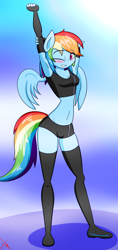 Size: 1680x3570 | Tagged: safe, artist:ramoncrimson935, imported from derpibooru, rainbow dash, anthro, pegasus, plantigrade anthro, adorasexy, arm behind head, armpits, belly, belly button, blushing, breasts, cleavage, clothes, cute, female, midriff, sexy, shorts, socks, solo, sports bra, sports shorts, stretching, stupid sexy rainbow dash, thigh highs