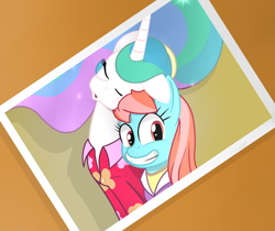 Size: 1024x861 | Tagged: safe, artist:flylash1, imported from derpibooru, princess celestia, strawberry ice, alicorn, earth pony, pony, between dark and dawn, clothes, cute, cutelestia, duo, female, hawaiian shirt, looking at you, mare, my little pony, photo, scene interpretation, selfie, shirt, sleeping, smiling