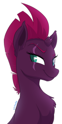 Size: 1738x3451 | Tagged: safe, artist:stepandy, imported from derpibooru, tempest shadow, pony, unicorn, my little pony: the movie, broken horn, bust, chest fluff, eye scar, facial scar, female, horn, mare, portrait, scar, simple background, smiling, solo, transparent background, when she smiles