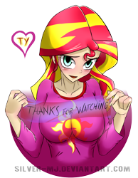 Size: 1200x1546 | Tagged: safe, artist:silver-wingx, imported from derpibooru, sunset shimmer, human, equestria girls, blushing, breasts, busty sunset shimmer, clothes, female, human coloration, pajamas, simple background, solo, thank you, transparent background