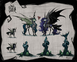 Size: 2000x1600 | Tagged: safe, artist:begasus, imported from derpibooru, nightmare moon, queen chrysalis, alicorn, changeling, changeling queen, pony, bat wings, changeling guard, chrysmoon, claws, colored hooves, don't starve, female, glowing, glowing eyes, heart, hooves, hybrid wings, lesbian, mare, realistic horse legs, shipping, white eyes, wing claws, wings