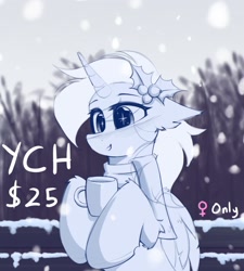 Size: 2000x2224 | Tagged: safe, artist:rieyadraws, imported from derpibooru, oc, oc only, pony, advertisement, bench, cheek fluff, chocolate, clothes, commission, ear fluff, floppy ears, food, holly, hoof hold, hot chocolate, mug, open mouth, scarf, smiling, snow, snowfall, solo, sparkles, sparkly eyes, tree, wingding eyes, your character here