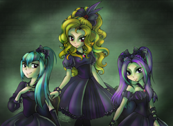 Size: 2866x2093 | Tagged: safe, artist:midnameowfries, imported from derpibooru, adagio dazzle, aria blaze, sonata dusk, human, clothes, dress, female, humanized, saloon dress, the dazzlings