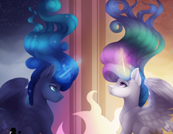 Size: 2200x1700 | Tagged: safe, artist:silentwulv, imported from derpibooru, princess celestia, princess luna, alicorn, pony, duo, ethereal mane, female, magic, mare