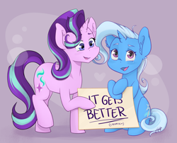 Size: 2721x2204 | Tagged: safe, artist:midnightpremiere, imported from derpibooru, starlight glimmer, trixie, pony, unicorn, commission, cute, diatrixes, duo, female, glimmerbetes, horn, it gets better, looking at you, mare, positive ponies, sign, sweet dreams fuel