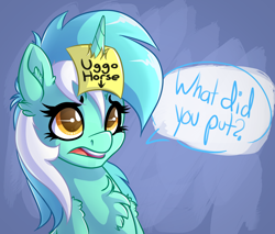 Size: 2654x2259 | Tagged: safe, artist:witchtaunter, imported from derpibooru, lyra heartstrings, pony, unicorn, abuse, blatant lies, bully, bullying, chest fluff, dialogue, ear fluff, female, horn, lyrabuse, mare, sad, solo, sticky note