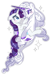 Size: 885x1292 | Tagged: safe, artist:lavender-bases, artist:lullabyprince, imported from derpibooru, rarity, base used, blushing, duality, duo, duo female, eyeshadow, female, hug, leonine tail, looking at each other, looking at someone, makeup, mare, redesign, self paradox, simple background, tail, transparent background, unshorn fetlocks