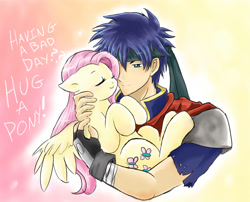 Size: 1275x1029 | Tagged: safe, artist:maplesugarpone, imported from derpibooru, fluttershy, human, pony, blushing, crossover, cute, female, fire emblem, holding a pony, hug, human on pony snuggling, ike, male, mare, nintendo, request, shyabetes, snuggling