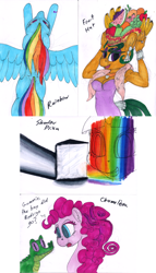 Size: 856x1500 | Tagged: safe, artist:sepiakeys, imported from derpibooru, gummy, pinkie pie, rainbow dash, twilight sparkle, chameleon, pegasus, pony, fruit, marker drawing, rainbow, traditional art