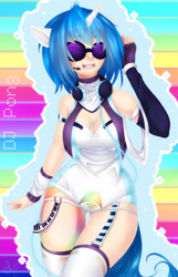 Size: 1600x2480 | Tagged: safe, artist:shuniyamasaki, imported from derpibooru, dj pon-3, vinyl scratch, human, boobie mark, breasts, busty vinyl scratch, cleavage, clothes, eared humanization, female, garter belt, headphones, horn, horned humanization, humanized, piercing, rainbow, socks, solo, sunglasses, tail, tailed humanization, thigh highs