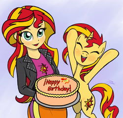 Size: 1800x1727 | Tagged: safe, artist:zetamad, imported from derpibooru, sunset shimmer, human, pony, unicorn, equestria girls, birthday cake, cake, cute, duo, eyes closed, female, food, happy, happy birthday, horn, human ponidox, mare, open mouth, open smile, self paradox, self ponidox, shimmerbetes, smiling