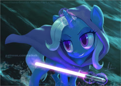 Size: 1160x822 | Tagged: safe, artist:grissaecrim, imported from derpibooru, trixie, pony, unicorn, clothes, female, glowing, glowing horn, hoodie, horn, levitation, lightsaber, magic, mare, signature, smiling, solo, star wars, telekinesis, watermark, weapon