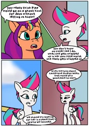 Size: 1131x1600 | Tagged: safe, artist:delilah1_riley, imported from derpibooru, sunny starscout, zipp storm, earth pony, pegasus, pony, comic:pipp the poltergeist, fanfic:pipp the poltergeist, comic, commission, dialogue, duo, duo female, fanfic art, female, g5, implied pipp petals, mare, my little pony: tell your tale, outdoors