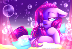 Size: 1524x1024 | Tagged: safe, artist:jadekettu, imported from derpibooru, pinkie pie, earth pony, pony, blowing bubbles, bubble, color porn, eyestrain warning, female, looking at you, mare, pillow, pinkamena diane pie, solo