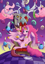 Size: 2059x2912 | Tagged: safe, artist:muffinkarton, idw, imported from derpibooru, discord, gummy, pinkie pie, alicorn, draconequus, pony, alicornified, bad end, balloon, chair, chaos, chocolate, chocolate rain, coffee mug, crown, cupcake, discopie, discorded landscape, female, food, jewelry, looking at you, male, mare, mug, party cannon, pinkiecorn, princess of chaos, race swap, rain, regalia, shipping, straight, throne, xk-class end-of-the-world scenario