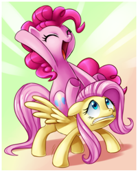 Size: 1640x2040 | Tagged: safe, artist:centchi, imported from derpibooru, fluttershy, pinkie pie, earth pony, pegasus, pony, armpits, female, mare, pinkie pie riding fluttershy, ponies riding ponies, riding, riding a pony