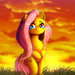 Size: 2449x2449 | Tagged: safe, artist:miokomata, imported from derpibooru, fluttershy, pegasus, pony, beautiful, bipedal, cloud, cloudy, cute, detailed hair, female, freckles, frown, grass, hind legs, legs together, looking away, looking down, mare, outdoors, shy, shyabetes, solo, standing, sunset