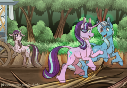 Size: 1792x1245 | Tagged: safe, artist:inuhoshi-to-darkpen, imported from derpibooru, starlight glimmer, trixie, classical unicorn, pony, unicorn, road to friendship, clone, cloven hooves, dirty, duo, female, hoo'far's wagon, horn, leonine tail, mare, my little pony, patreon, patreon logo, sad, tail, transparent, unshorn fetlocks, wagon