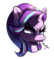 Size: 1551x1691 | Tagged: safe, artist:sourspot, imported from derpibooru, starlight glimmer, pony, unicorn, bust, female, grumpy, horn, mare, portrait, signature, simple background, solo, unamused, white background