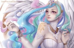 Size: 1224x792 | Tagged: safe, artist:saintprecious, imported from derpibooru, princess celestia, human, clothes, female, horn, horned humanization, humanized, jewelry, lace, solo, winged humanization, wings