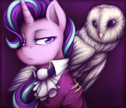 Size: 1400x1200 | Tagged: safe, artist:jadekettu, imported from derpibooru, starlight glimmer, bird, owl, pony, unicorn, clothes, female, horn, lidded eyes, mare