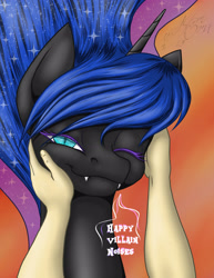 Size: 2153x2786 | Tagged: safe, artist:ravvij, imported from derpibooru, nightmare moon, alicorn, human, pony, content, cuddling, cute, descriptive noise, ear scratch, fangs, female, hand, happy, horse noises, looking at you, mare, moonabetes, smiling, snuggling, solo