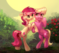 Size: 2583x2322 | Tagged: safe, artist:share dast, imported from derpibooru, lily, lily valley, roseluck, earth pony, pony, bipedal, duo, duo female, female, flower, mare, rearing, rose