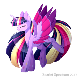 Size: 1050x1050 | Tagged: safe, artist:scarlet-spectrum, imported from derpibooru, twilight sparkle, alicorn, pony, eyes closed, female, long mane, long tail, mare, rainbow power, simple background, slender, smiling, solo, spread wings, tail, thin, transparent background, twilight sparkle (alicorn), wings