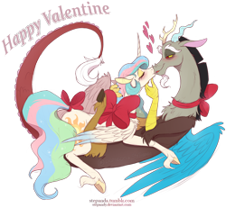 Size: 1400x1295 | Tagged: safe, artist:stepandy, imported from derpibooru, discord, princess celestia, alicorn, draconequus, pony, blushing, bow, dislestia, eyes closed, eyeshadow, female, heart, holiday, kissing, lidded eyes, makeup, male, mare, ribbon, shipping, simple background, straight, tail, tail bow, transparent background, underhoof, unshorn fetlocks, valentine's day