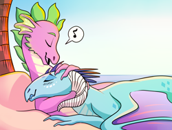 Size: 1600x1200 | Tagged: safe, artist:loryska, imported from derpibooru, princess ember, spike, dragon, gauntlet of fire, cuddling, emberspike, eyes closed, female, hug, male, music notes, my little pony, older, older spike, open mouth, pictogram, pillow, shipping, smiling, snuggling, straight