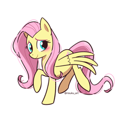 Size: 1024x1024 | Tagged: safe, artist:riouku, imported from derpibooru, fluttershy, pegasus, pony, blushing, cute, female, mare, raised hoof, shyabetes, simple background, smiling, solo, spread wings, white background, wings