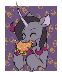 Size: 966x1189 | Tagged: safe, artist:thescornfulreptilian, imported from derpibooru, classical unicorn, pony, unicorn, them's fightin' herds, burger, cloven hooves, community related, food, hamburger, horn, leonine tail, meat, oleander (tfh), ponies eating meat, solo, unshorn fetlocks