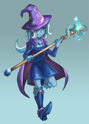 Size: 1059x1473 | Tagged: safe, artist:tzc, imported from derpibooru, trixie, human, equestria girls, abstract background, boots, cape, clothes, eyelashes, female, hairpin, hat, long sleeves, mage, shoes, solo, staff, stars, trixie's cape, trixie's hat