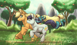 Size: 2400x1400 | Tagged: safe, artist:inuhoshi-to-darkpen, imported from derpibooru, applejack, coloratura, earth pony, pony, the mane attraction, apple, apple tree, duo, female, fluffy, food, mare, my little pony, rara, tree, unshorn fetlocks