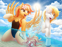 Size: 1024x768 | Tagged: safe, artist:novaintellus, imported from derpibooru, oc, oc only, oc:serenity, oc:white feather, pegasus, pony, beach, clothes, duo, female, flower, flower in hair, human shoulders, kneeling, male, mare, oc x oc, one-piece swimsuit, raised hoof, serenither, shipping, smiling, splash, splashing, stallion, straight, swimsuit, water