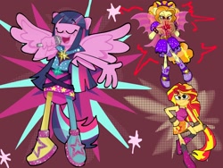 Size: 2000x1500 | Tagged: safe, artist:justinsert_name, imported from derpibooru, adagio dazzle, sunset shimmer, twilight sparkle, human, siren, equestria girls, clothes, disguise, disguised siren, eyes closed, female, gem, lidded eyes, microphone, my little pony equestria girls: rainbow rocks, ponied up, singing, siren gem, wings