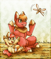 Size: 1340x1550 | Tagged: safe, artist:inuhoshi-to-darkpen, imported from derpibooru, apple bloom, big macintosh, earth pony, pony, brotherhooves social, adorabloom, baby, baby apple bloom, baby pony, brother and sister, cute, daaaaaaaaaaaw, diaper, ear fluff, female, filly, fluffy, foal, happy, macabetes, male, my little pony, open mouth, open smile, playing, siblings, smiling, stallion, toy, underhoof, unshorn fetlocks, younger