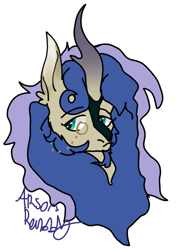 Size: 659x854 | Tagged: safe, artist:arsonrabbit, imported from derpibooru, oc, oc only, oc:moon glow, alicorn, hybrid, kirin, pony, alicorn oc, blue hair, blue mane, cyan eyes, digital art, facial hair, goatee, gradient horn, horn, hybrid oc, interspecies offspring, kirin oc, looking back, magical lesbian spawn, male, monocle, offspring, parent:princess luna, parent:rain shine, parents:rainuna, scales, sideburns, signature, simple background, solo, stallion, tan coat, white background, wings