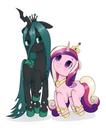 Size: 640x768 | Tagged: safe, artist:jazzhooves, imported from derpibooru, princess cadance, queen chrysalis, alicorn, changeling, changeling queen, pony, :3, blushing, colored hooves, colored wings, crown, cute, cutealis, cutedance, duo, duo female, eyeshadow, female, floppy ears, folded wings, gold hooves, height difference, hoof shoes, hooves, jewelry, lidded eyes, makeup, mare, peytral, princess shoes, raised hoof, regalia, shy, simple background, size difference, smiling, white background, wings