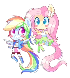 Size: 1360x1500 | Tagged: safe, artist:riouku, imported from derpibooru, fluttershy, rainbow dash, human, equestria girls, blush sticker, blushing, boots, chibi, clothes, compression shorts, cute, dashabetes, duo, female, flutterdash, holding hands, lesbian, ponied up, rainbow socks, shipping, shoes, shyabetes, simple background, skirt, socks, striped socks, tanktop, transparent background