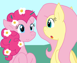 Size: 992x816 | Tagged: safe, artist:cmara, imported from derpibooru, fluttershy, pinkie pie, earth pony, pegasus, pony, duo, duo female, female, flower, flower in hair