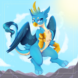 Size: 1024x1024 | Tagged: safe, artist:pvrii, imported from derpibooru, gallus, griffon, cheek fluff, chest fluff, cloud, flying, looking at you, male, mountain, paws, smiling, solo, talons