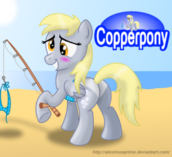 Size: 1052x965 | Tagged: safe, artist:aleximusprime, imported from derpibooru, derpy hooves, pegasus, pony, bikini, blushing, bubble butt, butt, clothes, coppertone parody, cute, derpabetes, female, fishing rod, i just don't know what went wrong, mare, plot, side-tie bikini, solo, swimsuit, tan lines, undressing